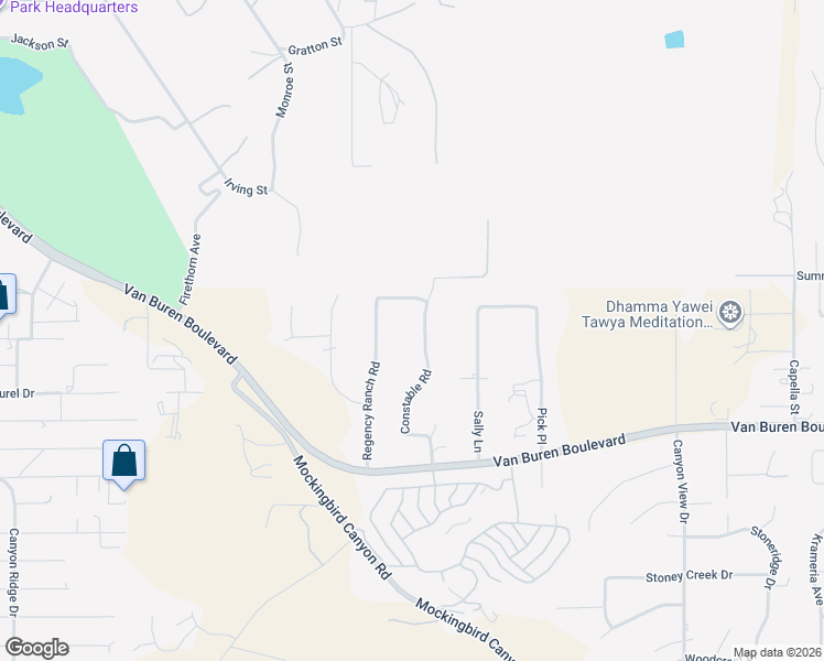 map of restaurants, bars, coffee shops, grocery stores, and more near 16176 Regency Ranch Road in Riverside