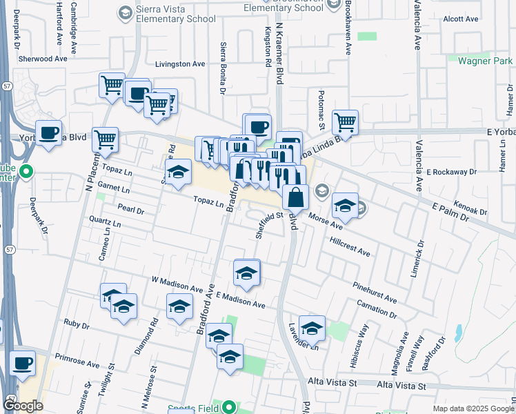 map of restaurants, bars, coffee shops, grocery stores, and more near 154 York Drive in Placentia