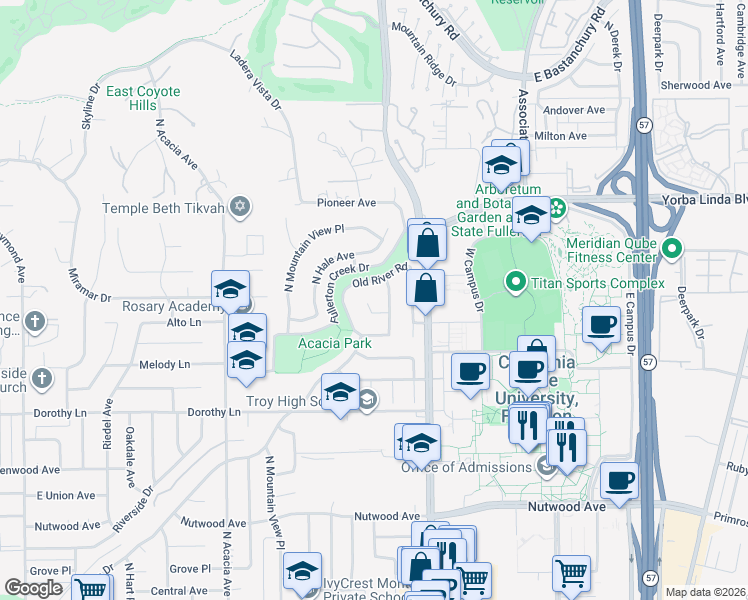 map of restaurants, bars, coffee shops, grocery stores, and more near 2226 Meadow Lane in Fullerton