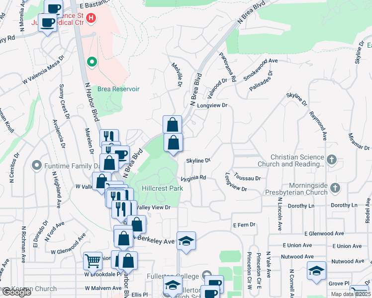 map of restaurants, bars, coffee shops, grocery stores, and more near 1320 Shadow Lane in Fullerton