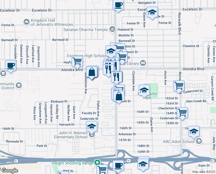 map of restaurants, bars, coffee shops, grocery stores, and more near 16031 Pioneer Boulevard in Norwalk