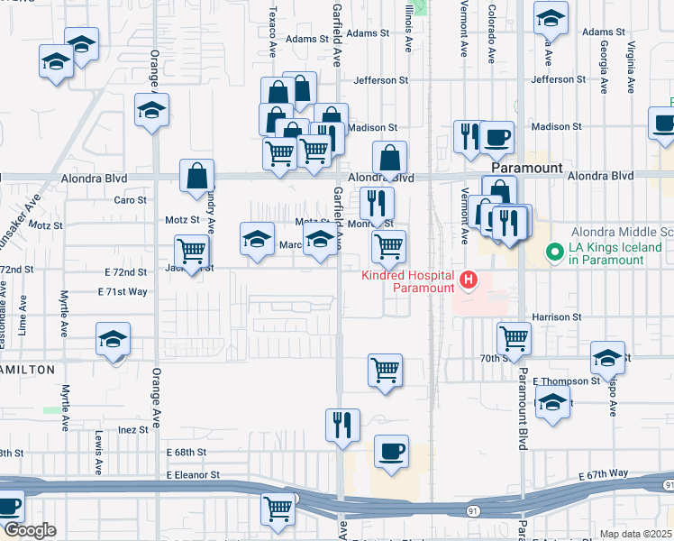 map of restaurants, bars, coffee shops, grocery stores, and more near in Paramount