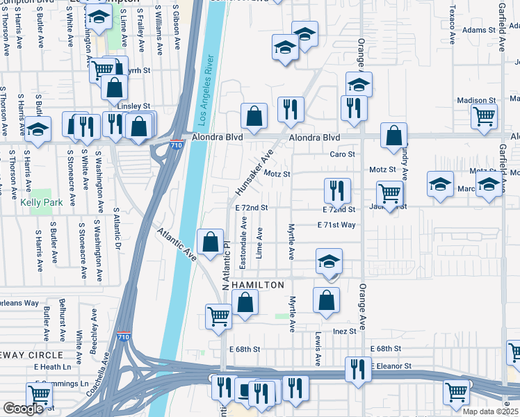 map of restaurants, bars, coffee shops, grocery stores, and more near 7176 Lime Avenue in Long Beach