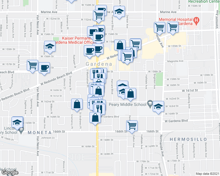 map of restaurants, bars, coffee shops, grocery stores, and more near 16020 South Western Avenue in Gardena