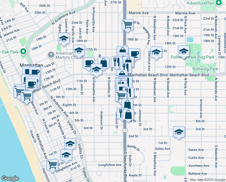 map of restaurants, bars, coffee shops, grocery stores, and more near 912 North Dianthus Street in Manhattan Beach