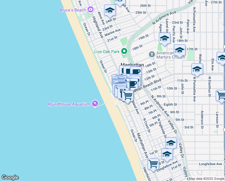 map of restaurants, bars, coffee shops, grocery stores, and more near 128 Manhattan Beach Boulevard in Manhattan Beach