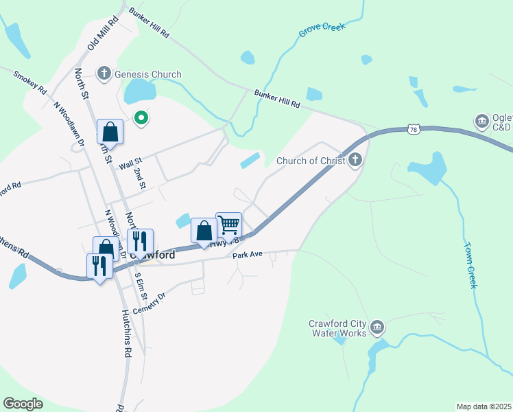 map of restaurants, bars, coffee shops, grocery stores, and more near 1056 Athens Road in Crawford