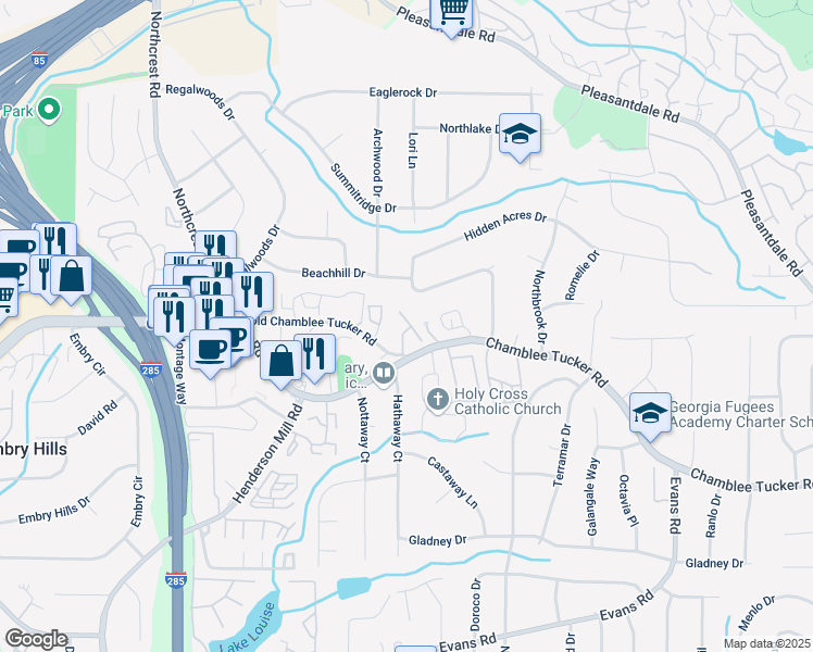 map of restaurants, bars, coffee shops, grocery stores, and more near 3630 Henley Park Court in Atlanta