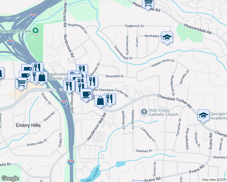 map of restaurants, bars, coffee shops, grocery stores, and more near 3543 Old Chamblee Tucker Road in Doraville