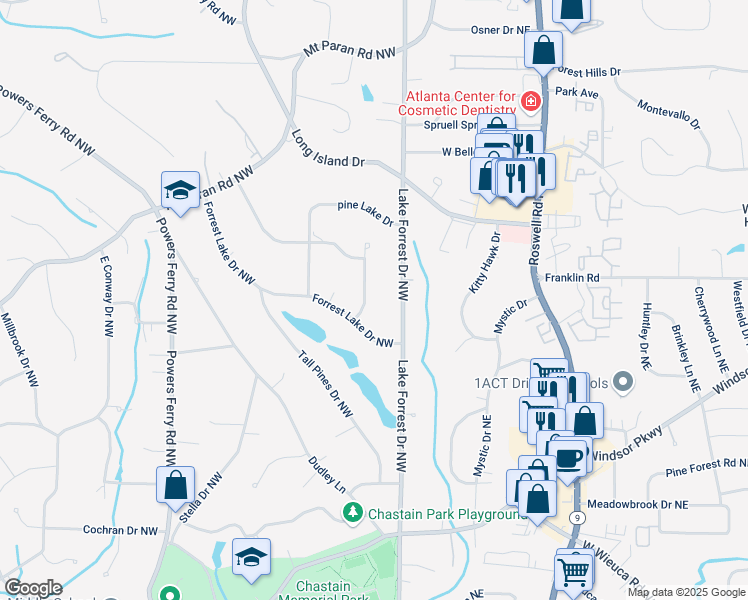 map of restaurants, bars, coffee shops, grocery stores, and more near 4785 Merlendale Court Northwest in Atlanta