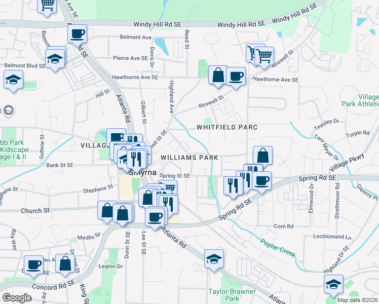map of restaurants, bars, coffee shops, grocery stores, and more near 1421 Walker Street in Smyrna