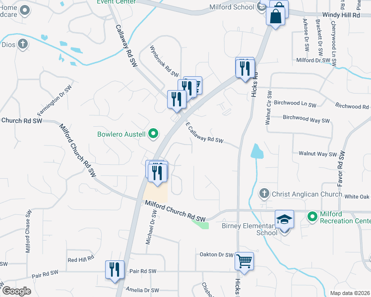 map of restaurants, bars, coffee shops, grocery stores, and more near 1005 Crest Ridge Place Southwest in Marietta