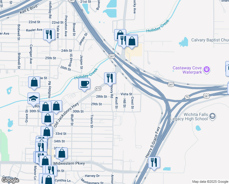 map of restaurants, bars, coffee shops, grocery stores, and more near 2805 Armory Road in Wichita Falls