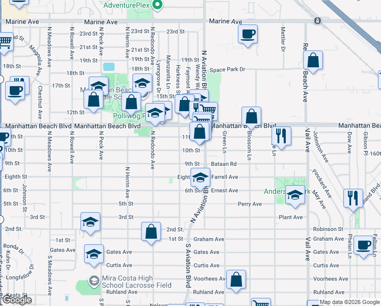 map of restaurants, bars, coffee shops, grocery stores, and more near 1826 10th Street in Manhattan Beach