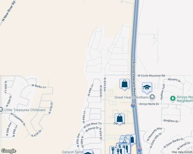 map of restaurants, bars, coffee shops, grocery stores, and more near 4418 West Yoosooni Drive in Phoenix
