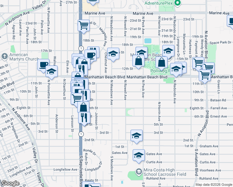 map of restaurants, bars, coffee shops, grocery stores, and more near 1331 9th Street in Manhattan Beach
