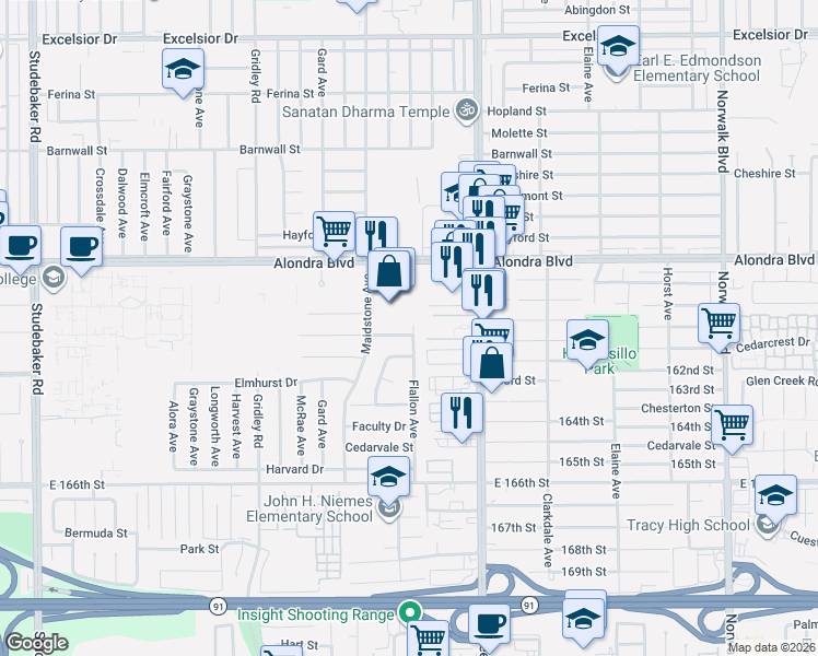 map of restaurants, bars, coffee shops, grocery stores, and more near 16108 Flallon Avenue in Norwalk