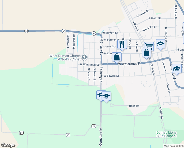 map of restaurants, bars, coffee shops, grocery stores, and more near 429 South Peach Street in Dumas