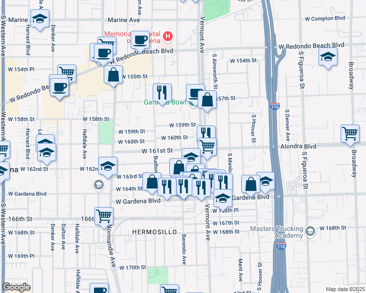 map of restaurants, bars, coffee shops, grocery stores, and more near 1033 West 161st Street in Gardena