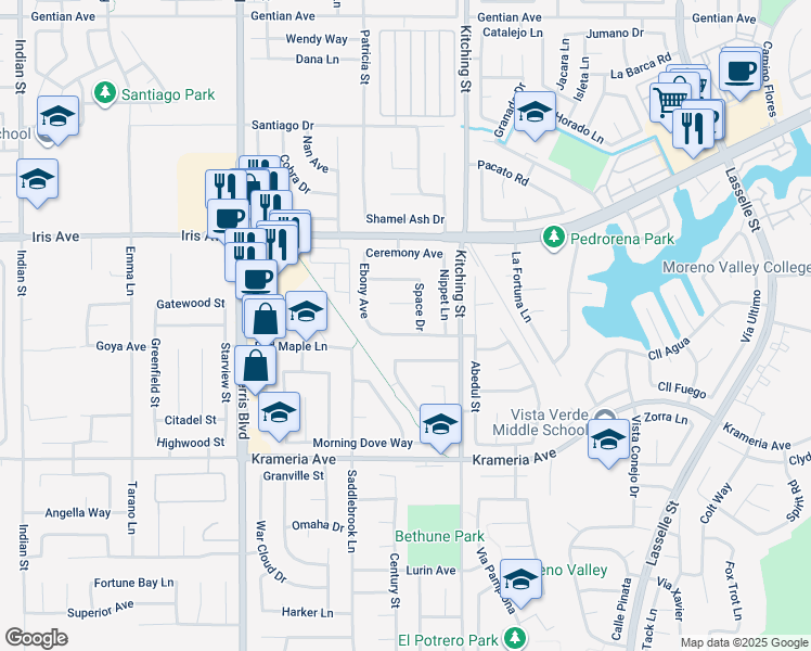 map of restaurants, bars, coffee shops, grocery stores, and more near 25380 Ivory Avenue in Moreno Valley