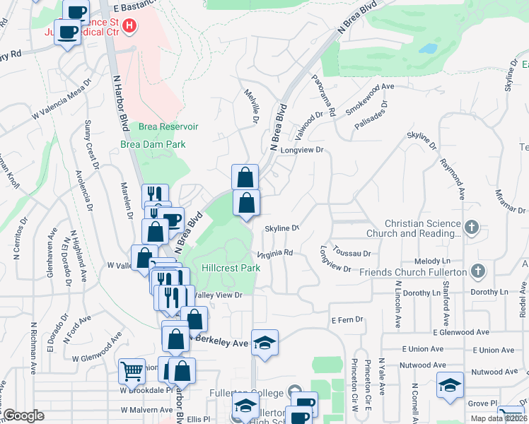 map of restaurants, bars, coffee shops, grocery stores, and more near 1320 Shadow Lane in Fullerton