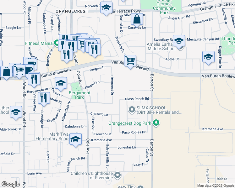 map of restaurants, bars, coffee shops, grocery stores, and more near 9119 Santa Barbara Drive in Riverside