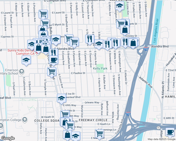 map of restaurants, bars, coffee shops, grocery stores, and more near 16330 South Caress Avenue in Compton