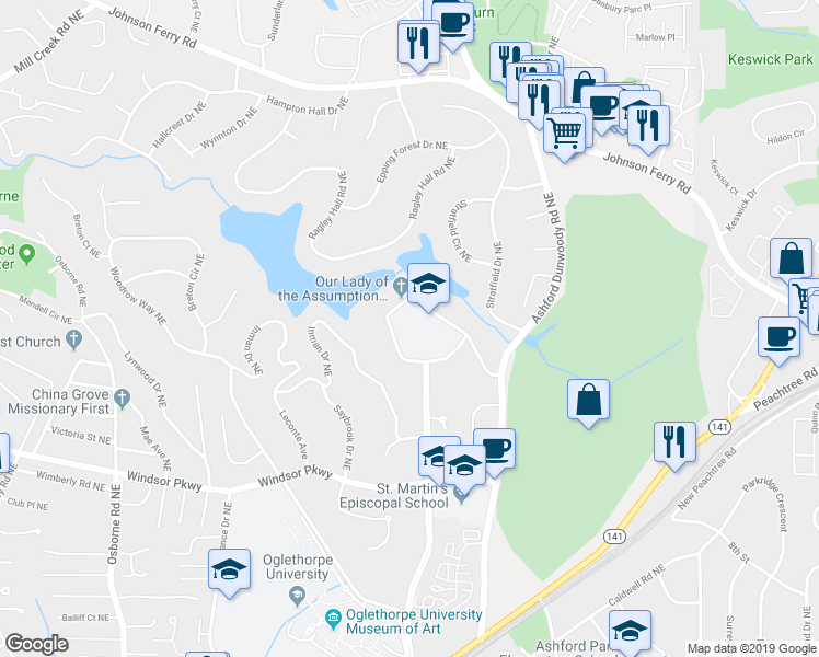 map of restaurants, bars, coffee shops, grocery stores, and more near 1320 Hearst Drive Northeast in Atlanta