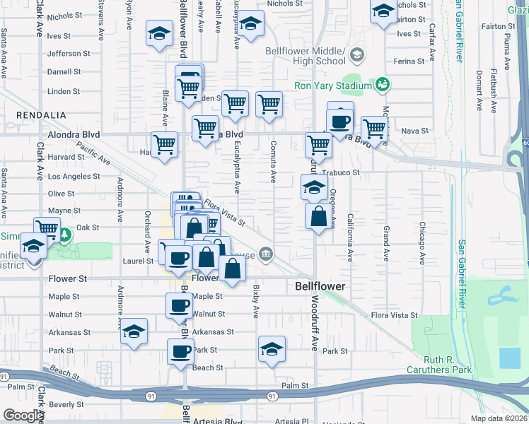 map of restaurants, bars, coffee shops, grocery stores, and more near 16331 Cornuta Avenue in Bellflower