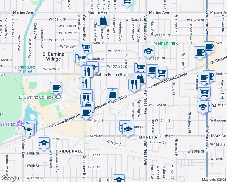map of restaurants, bars, coffee shops, grocery stores, and more near 16015 Arcturus Avenue in Gardena