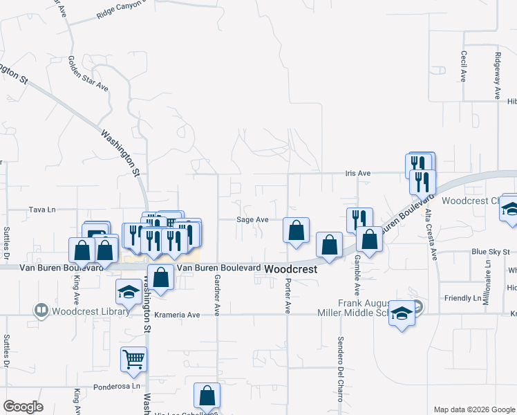 map of restaurants, bars, coffee shops, grocery stores, and more near 17354 Sage Street in Riverside