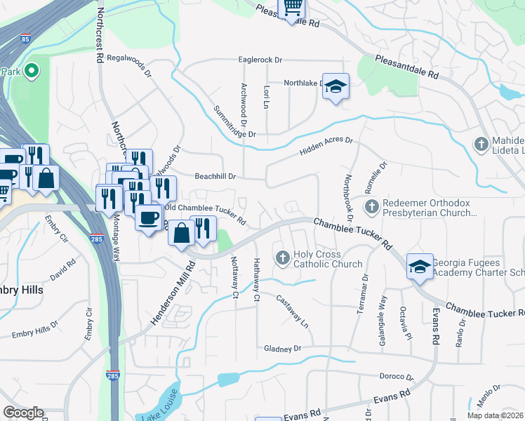 map of restaurants, bars, coffee shops, grocery stores, and more near 3630 Henley Park Court in Atlanta