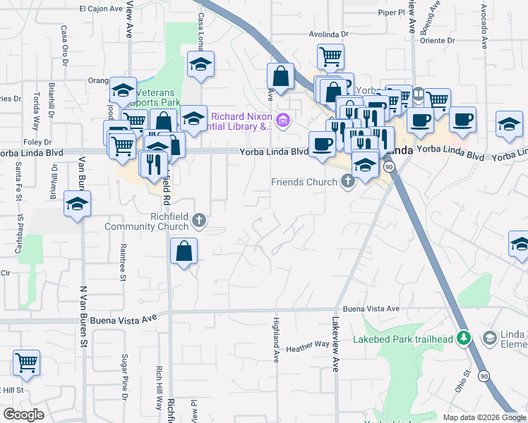 map of restaurants, bars, coffee shops, grocery stores, and more near 5211 Eureka Avenue in Yorba Linda
