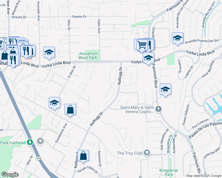 map of restaurants, bars, coffee shops, grocery stores, and more near 5202 Wendover Road in Yorba Linda