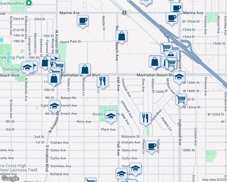 map of restaurants, bars, coffee shops, grocery stores, and more near 2224 Dufour Avenue in Redondo Beach