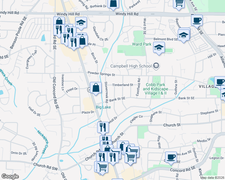 map of restaurants, bars, coffee shops, grocery stores, and more near 2794 Hillside Road in Smyrna