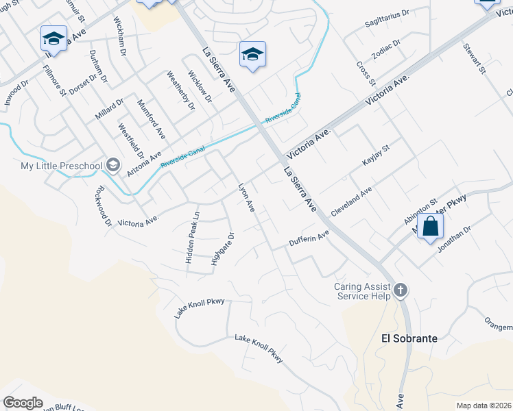 map of restaurants, bars, coffee shops, grocery stores, and more near 2634 Old Windmill Court in Riverside