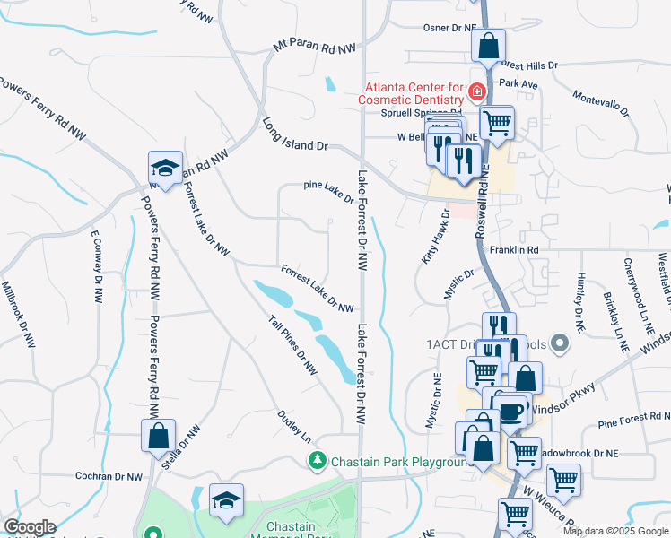 map of restaurants, bars, coffee shops, grocery stores, and more near 4785 Merlendale Court Northwest in Atlanta