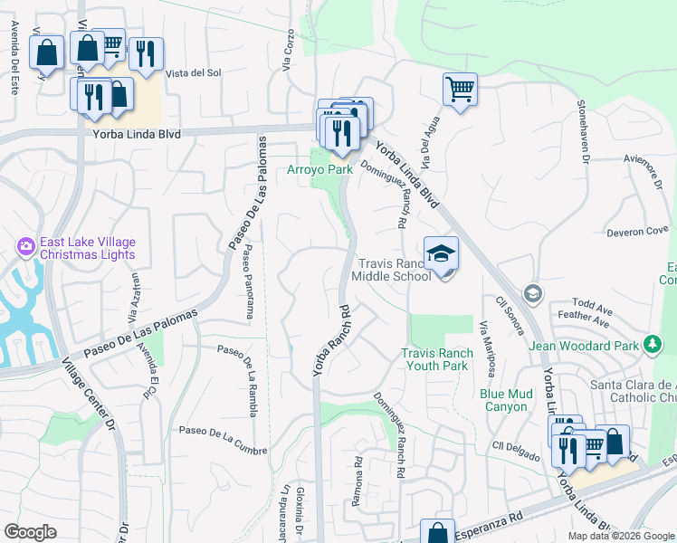 map of restaurants, bars, coffee shops, grocery stores, and more near 5294 Vía Ramon in Yorba Linda