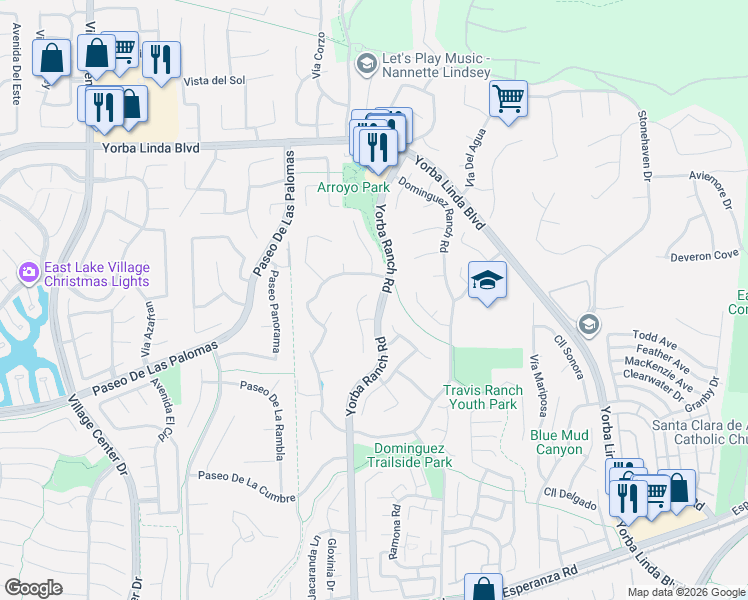 map of restaurants, bars, coffee shops, grocery stores, and more near 5244 Via Ramon Road in Yorba Linda