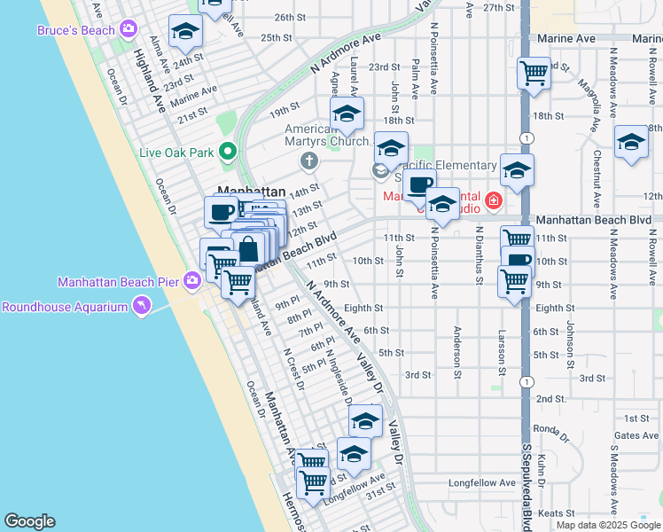 map of restaurants, bars, coffee shops, grocery stores, and more near 644 11th Street in Manhattan Beach