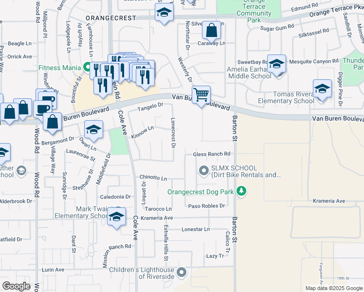 map of restaurants, bars, coffee shops, grocery stores, and more near 9119 Santa Barbara Drive in Riverside