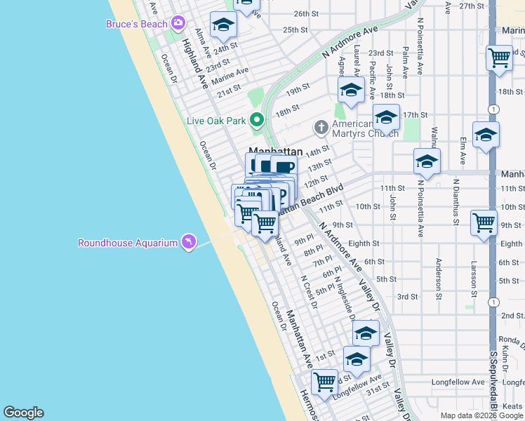 map of restaurants, bars, coffee shops, grocery stores, and more near in Manhattan Beach