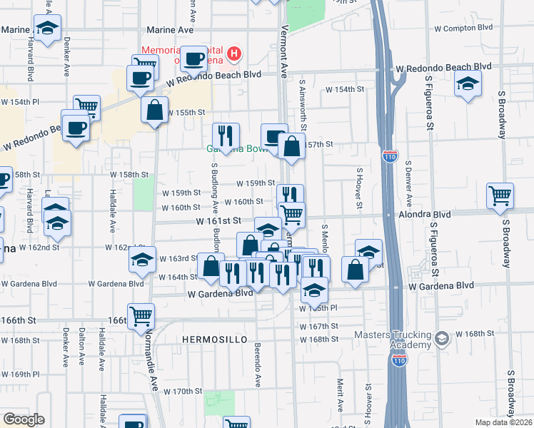 map of restaurants, bars, coffee shops, grocery stores, and more near 1029 West 161st Street in Gardena