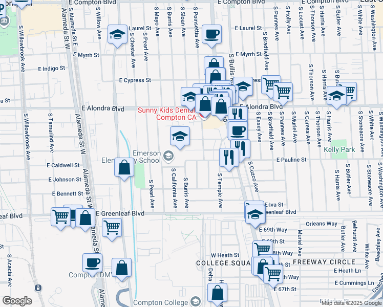 map of restaurants, bars, coffee shops, grocery stores, and more near 1211 East Caldwell Street in Compton