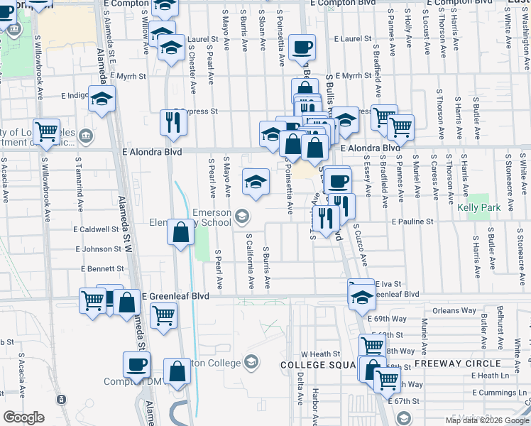 map of restaurants, bars, coffee shops, grocery stores, and more near 1101 East Caldwell Street in Compton
