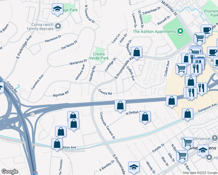 map of restaurants, bars, coffee shops, grocery stores, and more near 416 Arthur Circle in Corona
