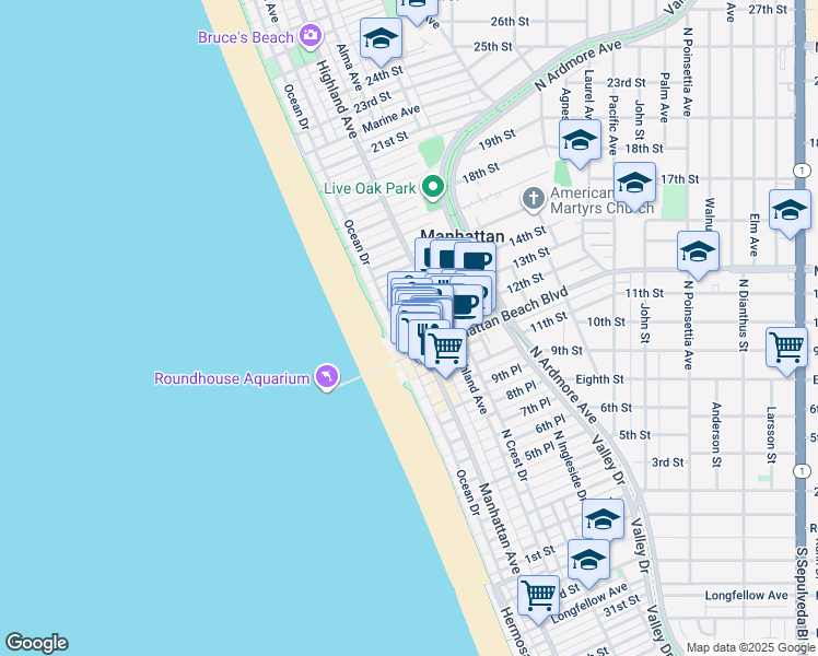 map of restaurants, bars, coffee shops, grocery stores, and more near 128 Manhattan Beach Boulevard in Manhattan Beach