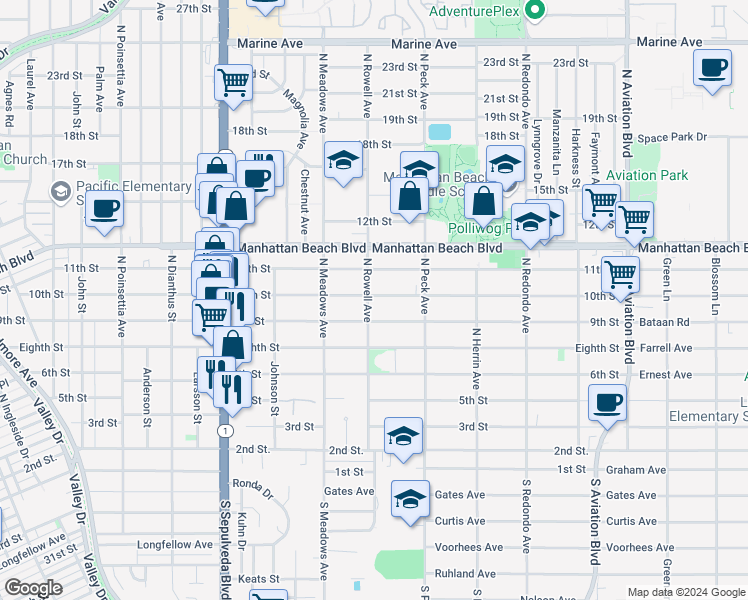 map of restaurants, bars, coffee shops, grocery stores, and more near 926 North Rowell Avenue in Manhattan Beach