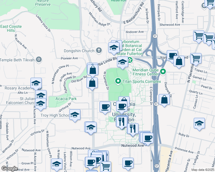 map of restaurants, bars, coffee shops, grocery stores, and more near 800 North State College Boulevard in Fullerton